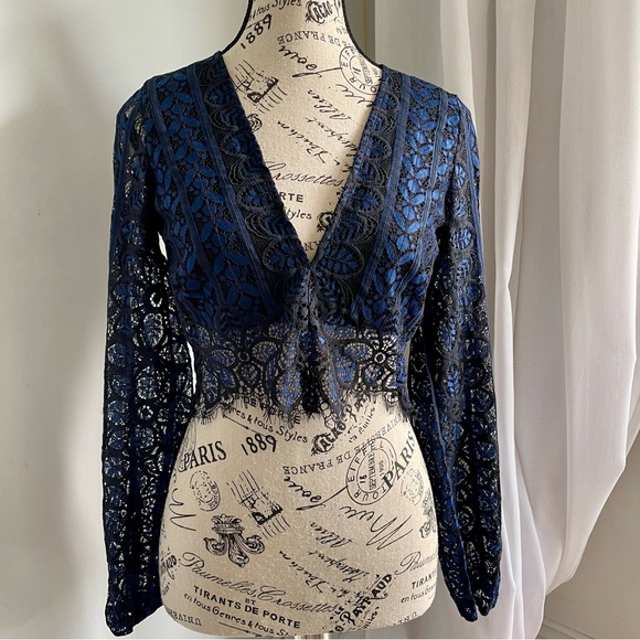 For Love And Lemons Blue Long Sleeve Crop Blouse - Picture 7 of 8